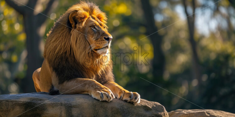 Majestic lion, the undisputed king of the jungle, resting regally on a sunlit rock - Starpik Stock