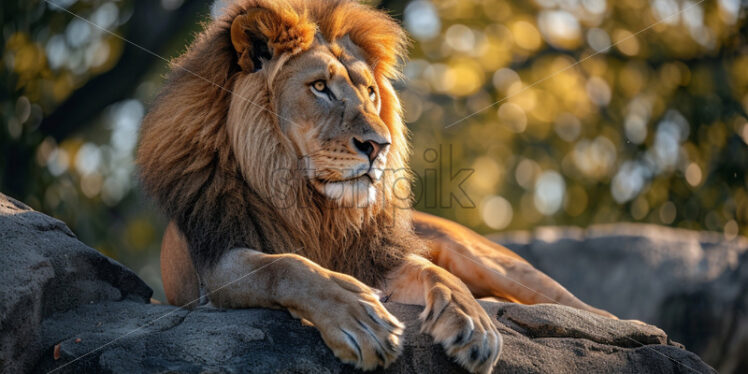 Majestic lion, the undisputed king of the jungle, resting regally on a sunlit rock - Starpik Stock