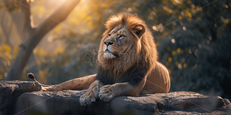 Majestic lion, the undisputed king of the jungle, resting regally on a sunlit rock - Starpik Stock