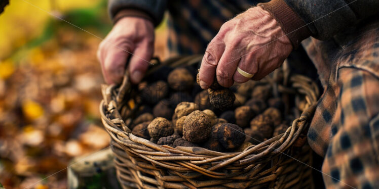 Man collecting truffles harvest in a basket - Starpik Stock