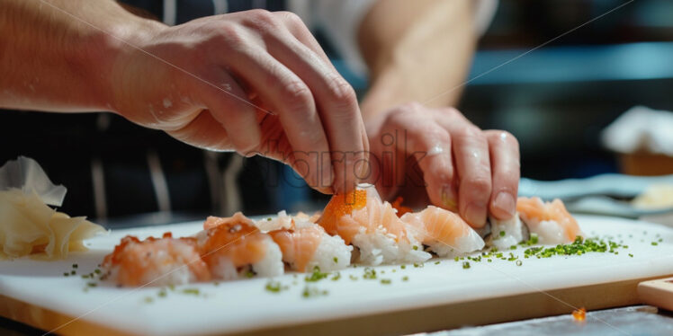 Man making sushi rolls close up - Starpik Stock