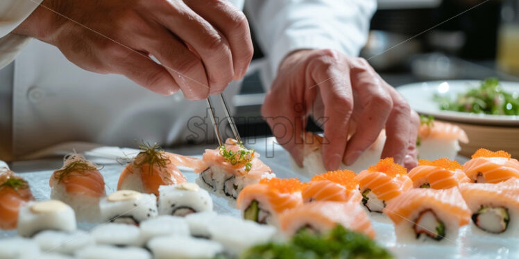 Man making sushi rolls close up - Starpik Stock