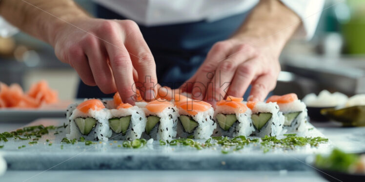 Man making sushi rolls close up - Starpik Stock