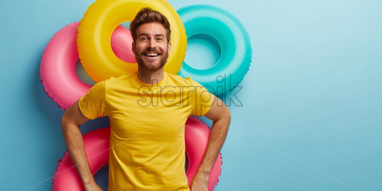 Man playing with inflatable rings on blue color background - Starpik Stock