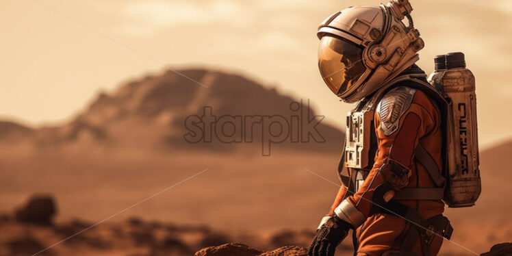 Man searching life on Mars. Desert concept - Starpik Stock