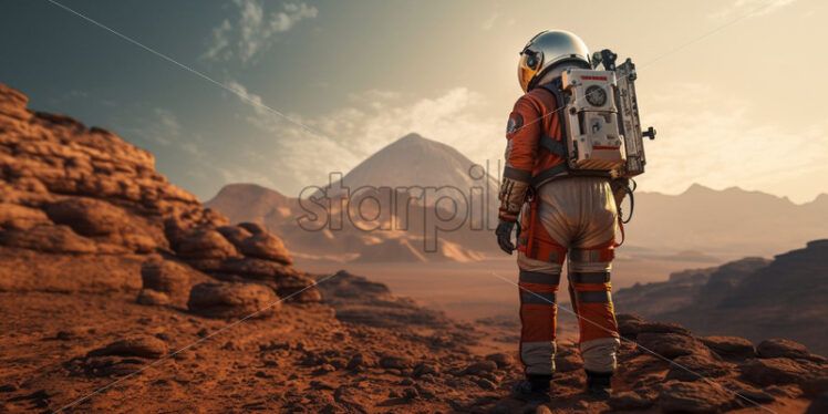 Man searching life on Mars. Martian landscape - Starpik Stock