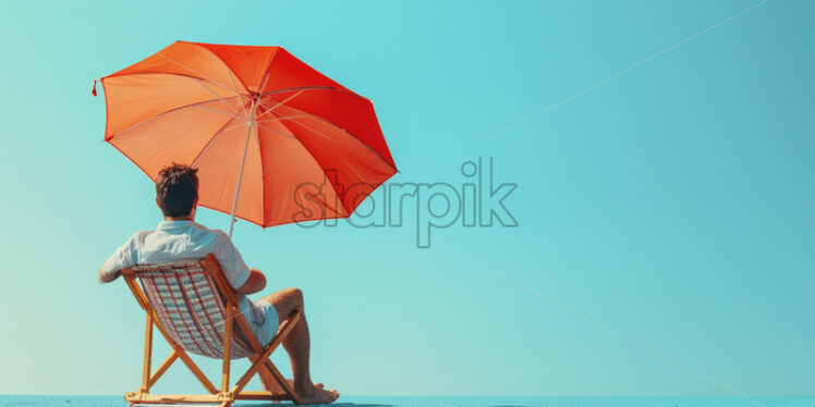 Man sitting on deck chair with beach umbrella, on isolate blue background - Starpik Stock