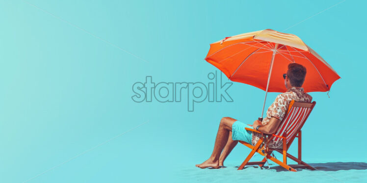 Man sitting on deck chair with beach umbrella, on isolate blue background - Starpik Stock