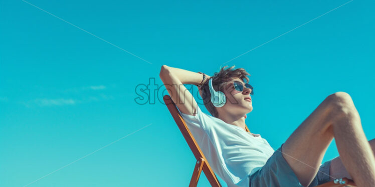 Man sitting on deck chair with beach umbrella, on isolate blue background - Starpik Stock