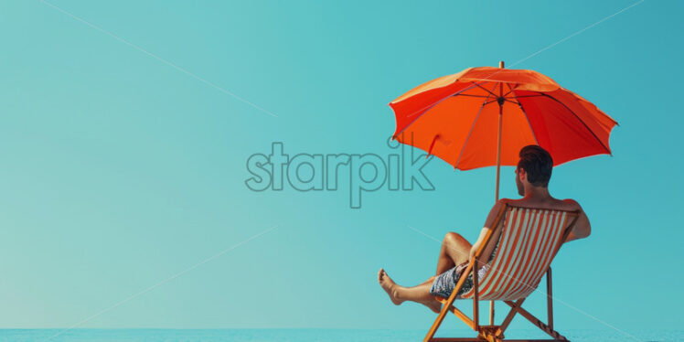 Man sitting on deck chair with beach umbrella, on isolate blue background - Starpik Stock