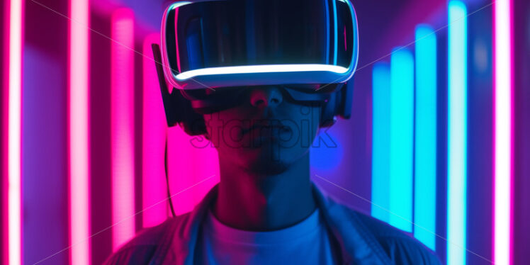 Man with VR glasses in neon lights - Starpik Stock