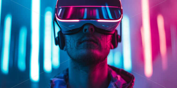 Man with VR glasses in neon lights - Starpik Stock