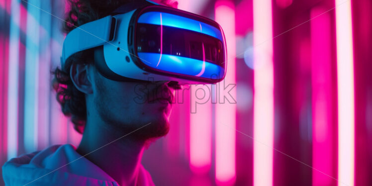 Man with VR glasses in neon lights - Starpik Stock