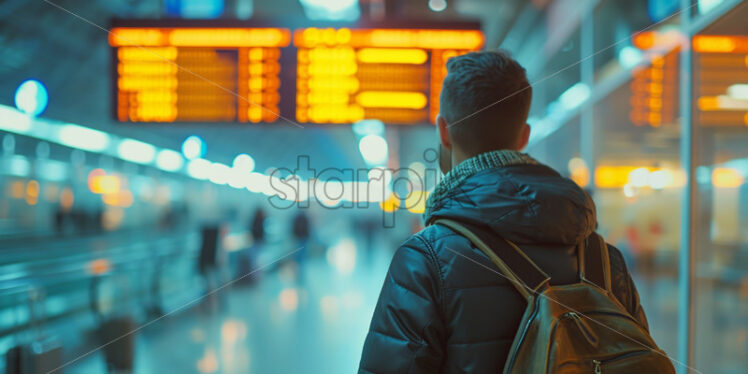 Man with a trolley at an airport, looking at the departure - Starpik Stock