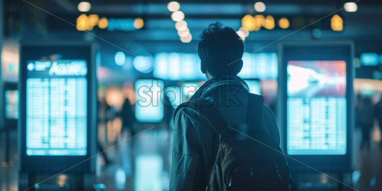 Man with a trolley at an airport, looking at the departure - Starpik Stock