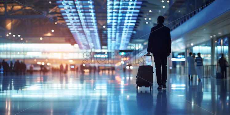 Man with a trolley at an airport, looking at the departure - Starpik Stock