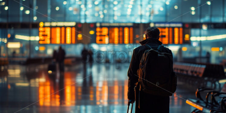 Man with a trolley at an airport, looking at the departure - Starpik Stock