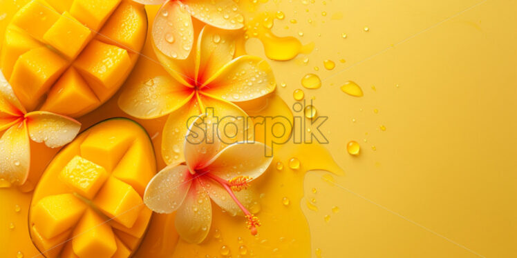 Mango slices paired with vibrant plumeria, on yellow background - Starpik Stock