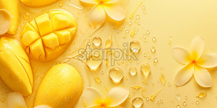 Mango slices paired with vibrant plumeria, on yellow background - Starpik Stock