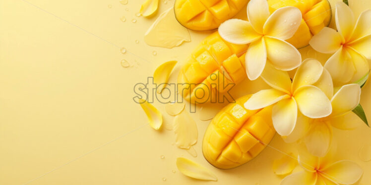 Mango slices paired with vibrant plumeria, on yellow background - Starpik Stock