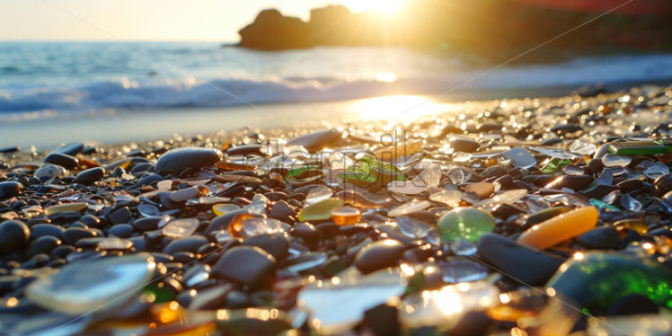 Many pieces of glass bathed in the sun on a beach - Starpik Stock