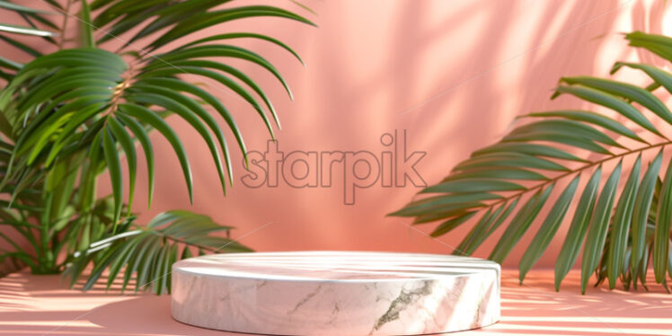 Marble podium with tropic leaves mock up background, product placement - Starpik Stock