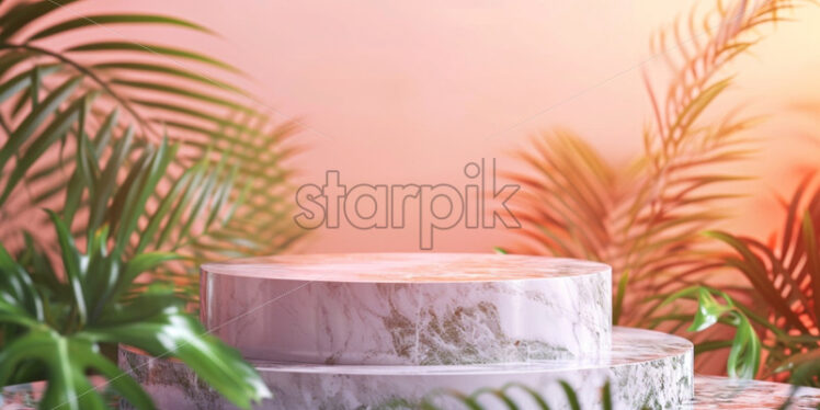 Marble podium with tropic leaves mock up background, product placement - Starpik Stock