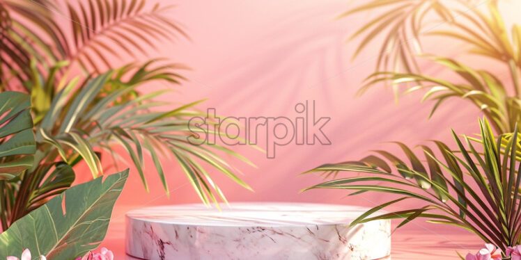 Marble podium with tropic leaves mock up background, product placement - Starpik Stock