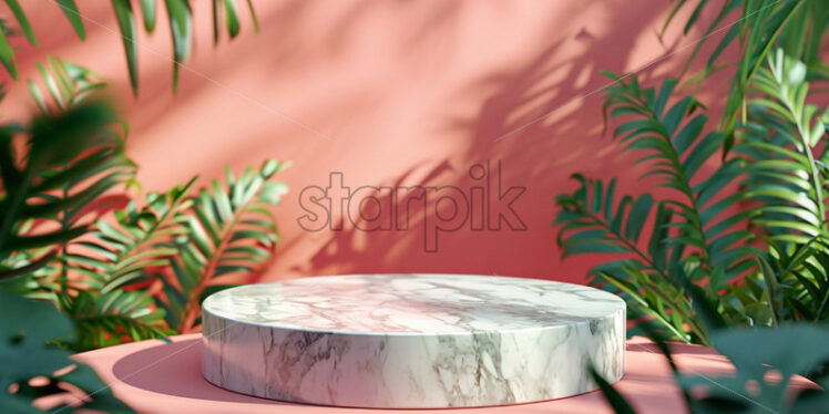 Marble podium with tropic leaves mock up background, product placement - Starpik Stock