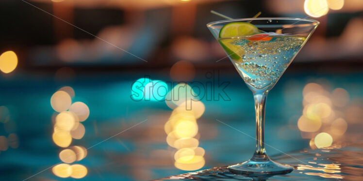 Martini Cocktail by the pool, night party bokeh background - Starpik Stock