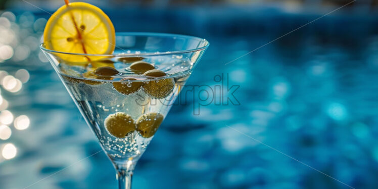 Martini cocktail with olives on a pool background, summer party fest - Starpik Stock