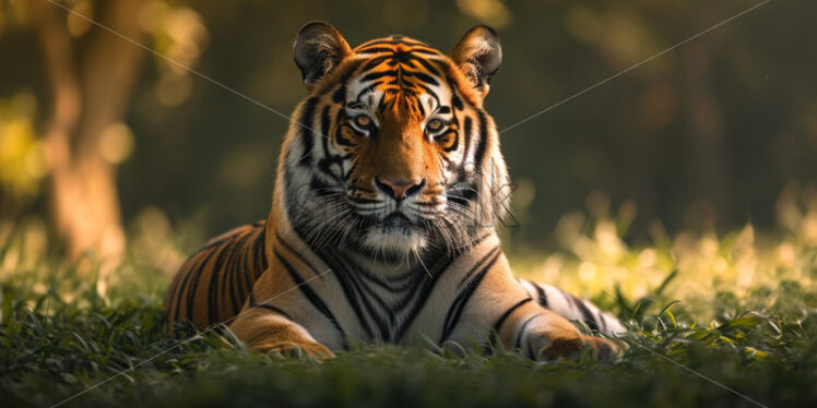 Massive and powerful Bengal tiger, its golden fur shimmering in the dappled sunlight  - Starpik Stock