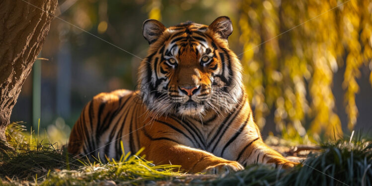 Massive and powerful Bengal tiger, its golden fur shimmering in the dappled sunlight  - Starpik Stock