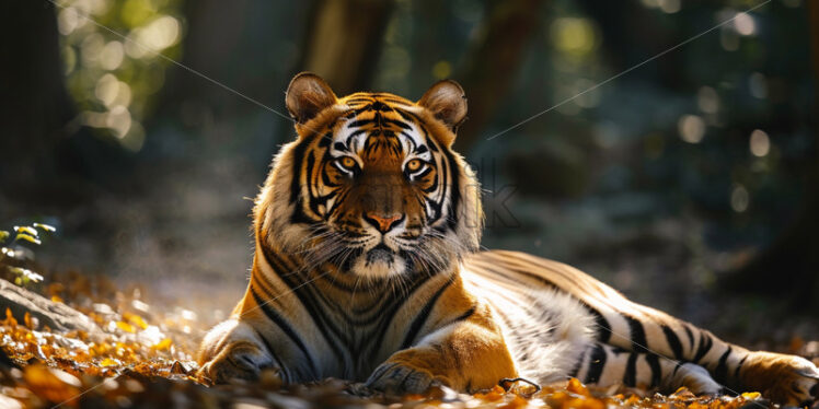 Massive and powerful Bengal tiger, its golden fur shimmering in the dappled sunlight  - Starpik Stock