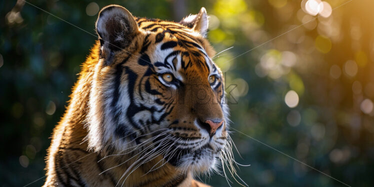 Massive and powerful Bengal tiger, its golden fur shimmering in the dappled sunlight  - Starpik Stock