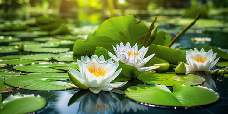 Massive water lilies floating gracefully on the surface of a tranquil jungle pond - Starpik Stock