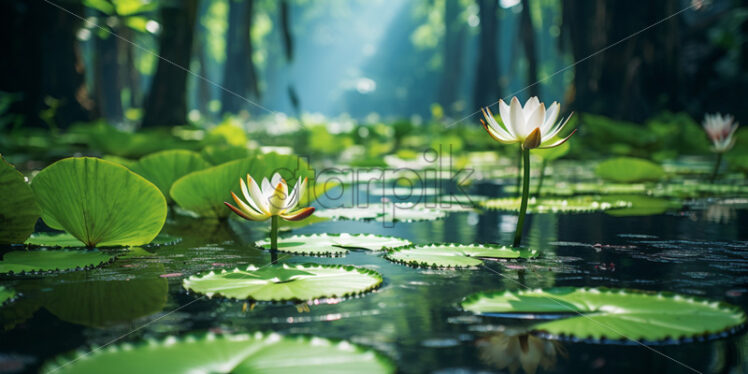 Massive water lilies floating gracefully on the surface of a tranquil jungle pond - Starpik Stock