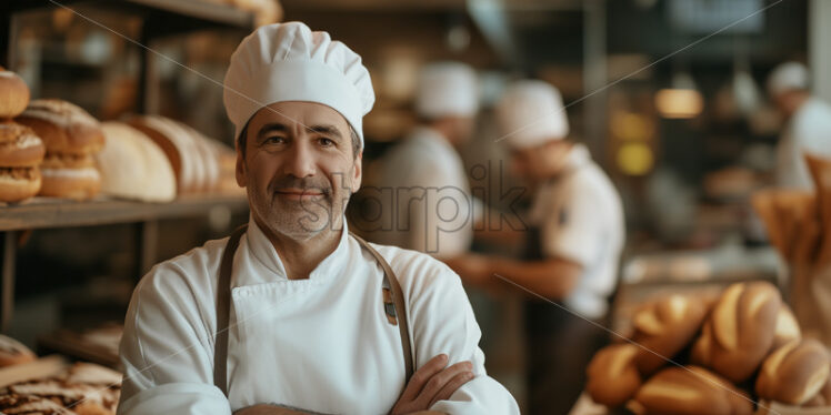 Master baker in chief uniform with assistants - Starpik Stock