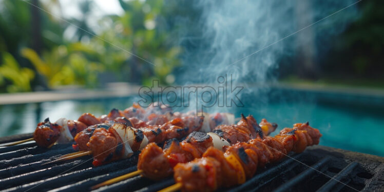 Meat bbq by the pool party background - Starpik Stock