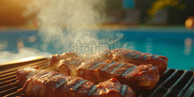 Meat bbq by the pool party background - Starpik Stock