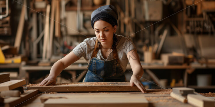 Mid-age female carpenter, morning sunlight, measuring wood - Starpik Stock