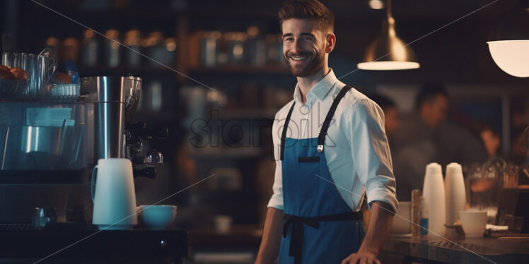 Middle age man barista making a coffee - Starpik Stock