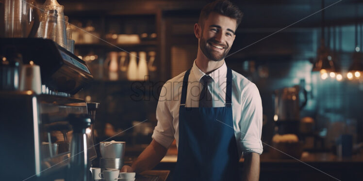 Middle age man barista making a coffee - Starpik Stock