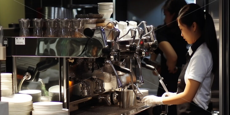 Middle age man barista making a coffee - Starpik Stock