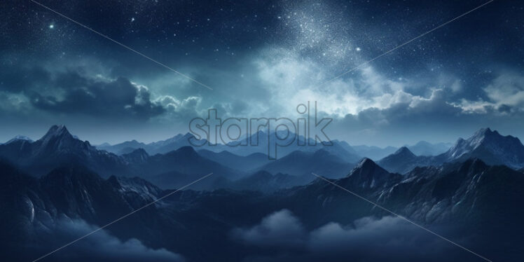 Milky way above the misty mountains at night - Starpik Stock