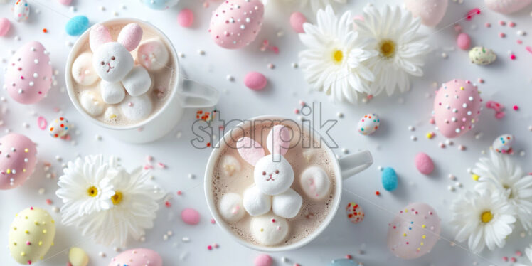 Minimalist Easter postcard with sweet hot chocolate, marshmallow bunny rabbits and pastel easter eggs - Starpik Stock