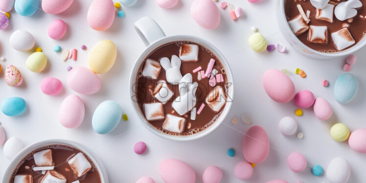 Minimalist Easter postcard with sweet hot chocolate, marshmallow bunny rabbits and pastel easter eggs - Starpik Stock