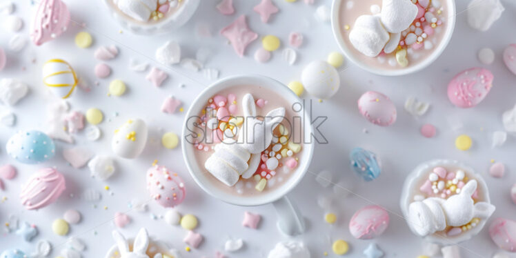 Minimalist Easter postcard with sweet hot chocolate, marshmallow bunny rabbits and pastel easter eggs - Starpik Stock