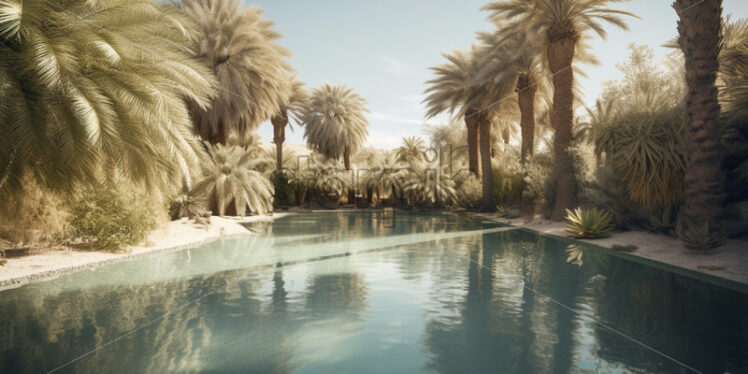 Mirage-like oasis with palm trees and a shimmering pool in the arid desert - Starpik Stock