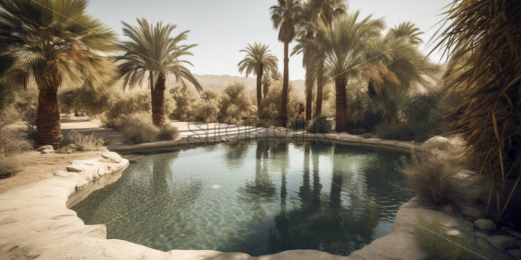 Mirage-like oasis with palm trees and a shimmering pool in the arid desert - Starpik Stock